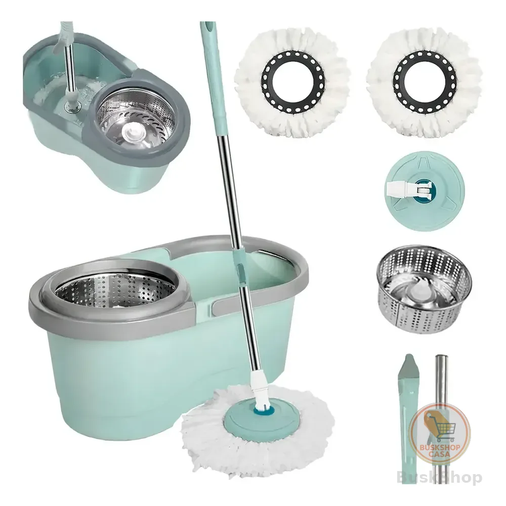 Mop Giratório Cesto Inox Com Refil Balde 13l Esfregão Cabo 130cm Rodinhas Fácil Limpeza Eficiente Uso Longo Sem Esforço... Verde