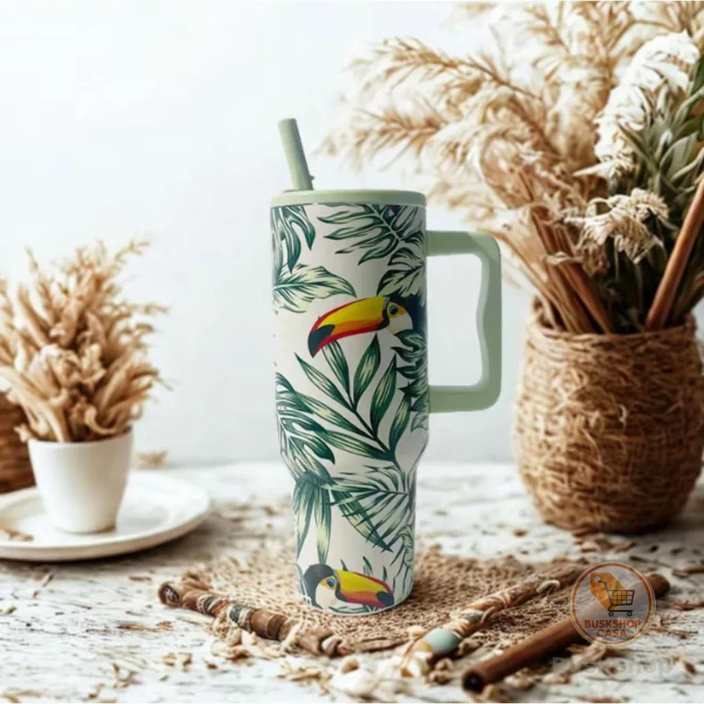 Copo Térmico 1200ml Fauna Tropical Inox com Tampa e Canudo Reutilizável – Estilo Verão