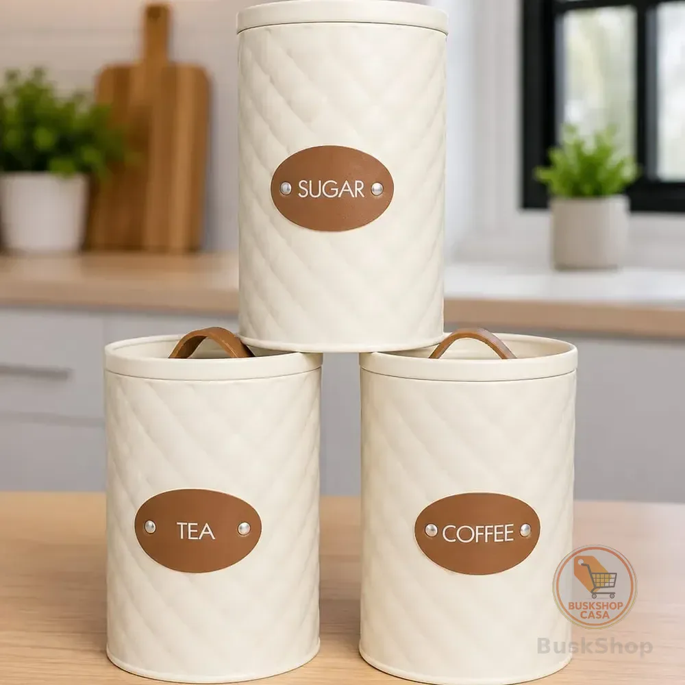 Kit C/ 03 Potes De Condimentos De Aço P/ Café, Açúcar E Chá Bege