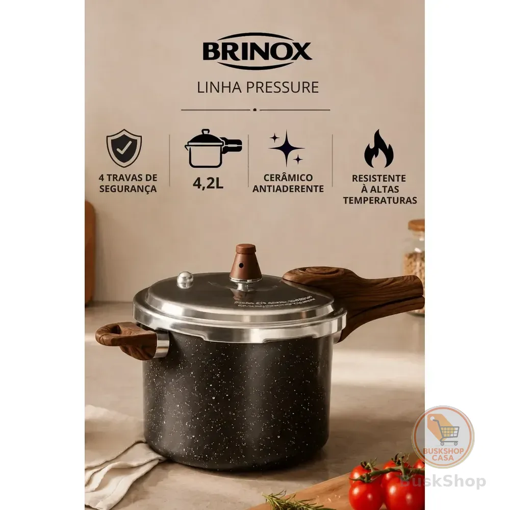 Panela De Pressão Brinox Cerâmica Antiaderente Indução Tampa Fechamento Externo 4,2 Litros Pressure Ceramic Life Granito A Vapor Com 4 Travas Alta Qualidade Premium Cabo Braquelite Soft Touch