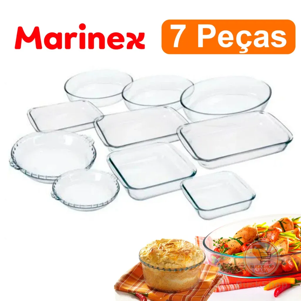 Kit Conjunto Marinex 7 peças jogo de Travessas Variadas Assadeiras em Vidro Temperado Nadir própria Para Forno