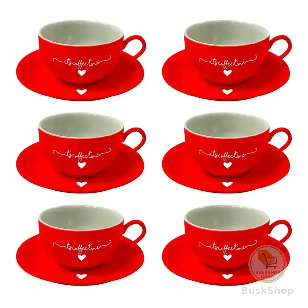 Jogo Xícaras Chá Vermelha 12 Peças Porcelana 160ml Lamour  Vermelho Coração