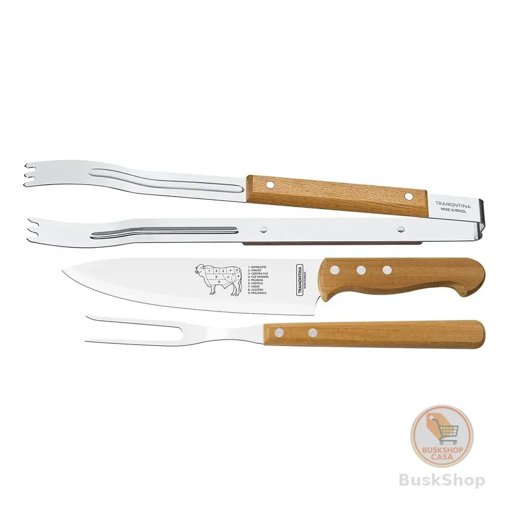 Jogo Para Churrasco Com Lâminas Em Aço Inox E Cabos De Madeira Natural 3 Peças Tramontina Marrom