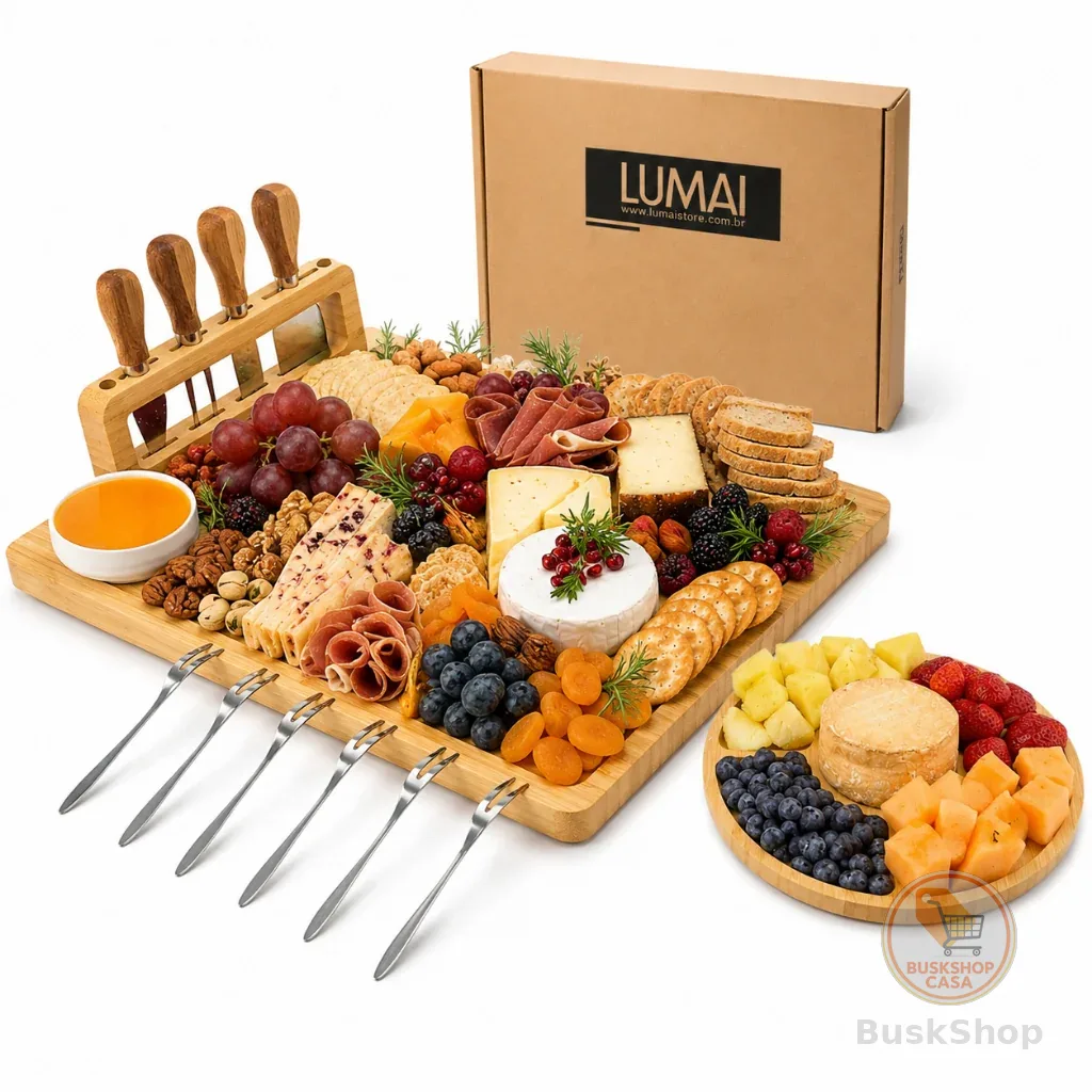 Lumai Tábua Queijos Frios Kit Petisqueira Bambu Facas Garfos Potes Cerâmica Servir Churrasco