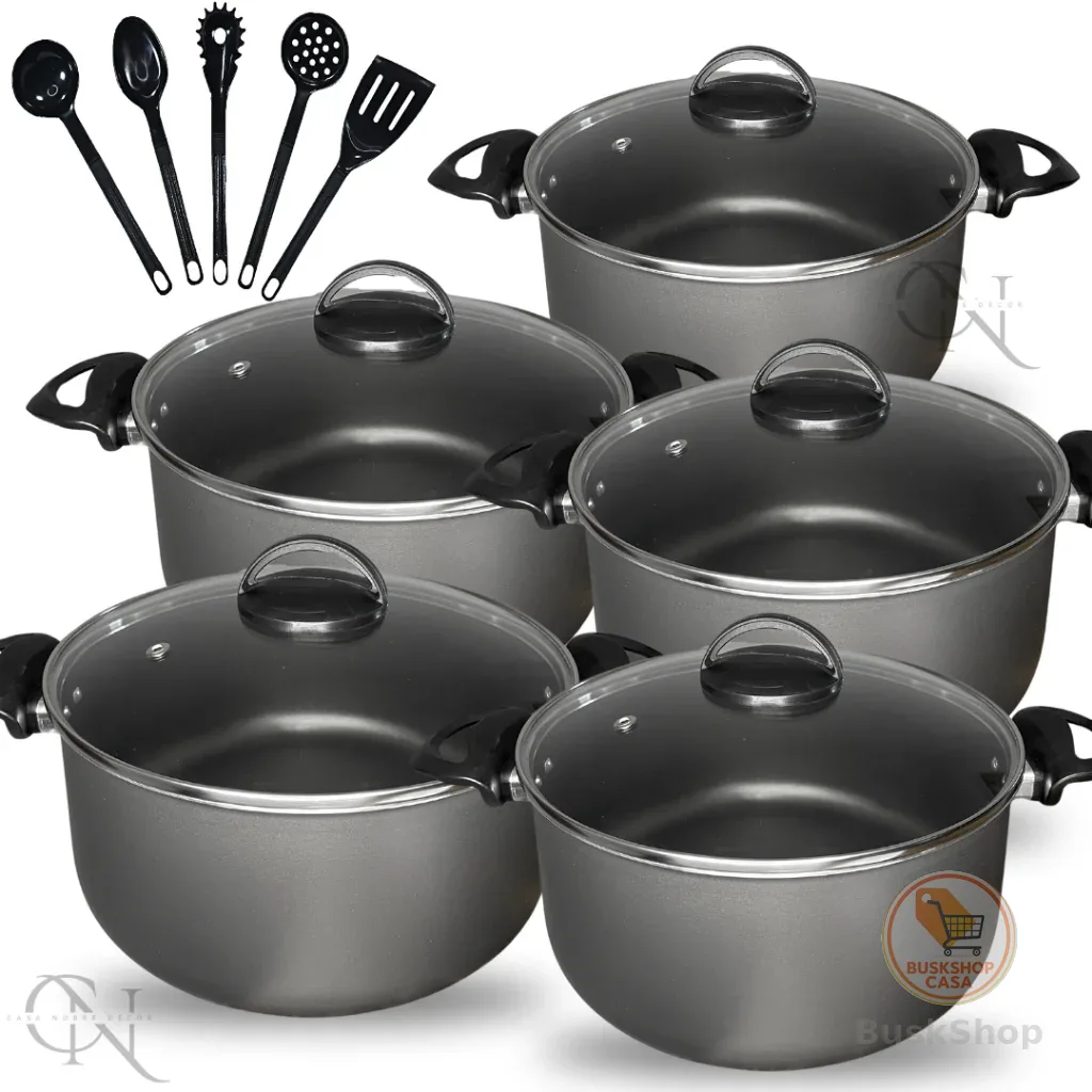 Kit Jogo de Panelas 10 peças Caçarolas Antiaderente Teflon com Tampa Vidro e Utensílios