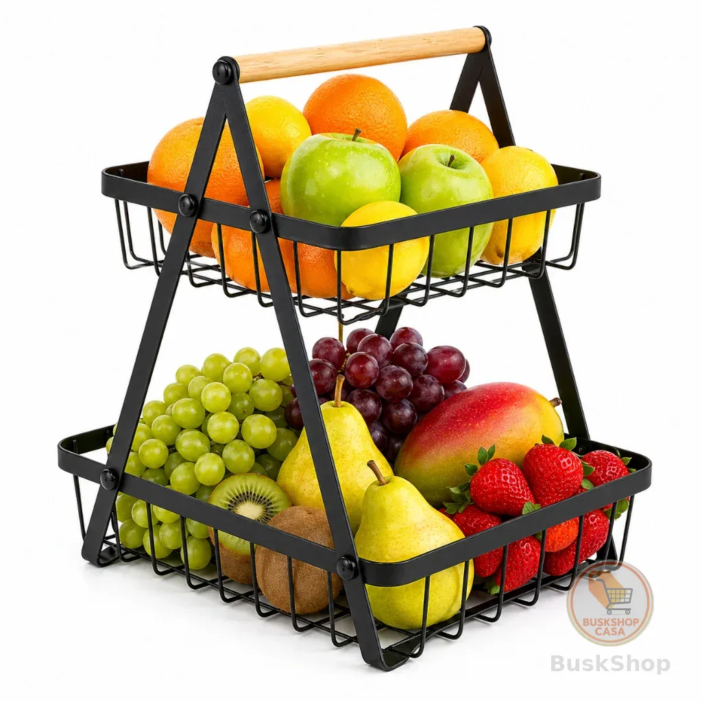 Vittak Fruteira Dupla De Mesa Aramada Cesta De Frutas Organizadora com 2 Prateleiras de Metal 33cm