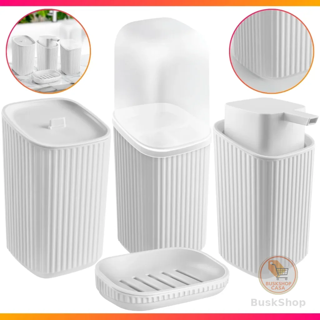 Kit 4 Acessórios Banheiro Porta Sabonete Líquido, Porta Algodão, Porta Escovas e Saboneteira - FULL