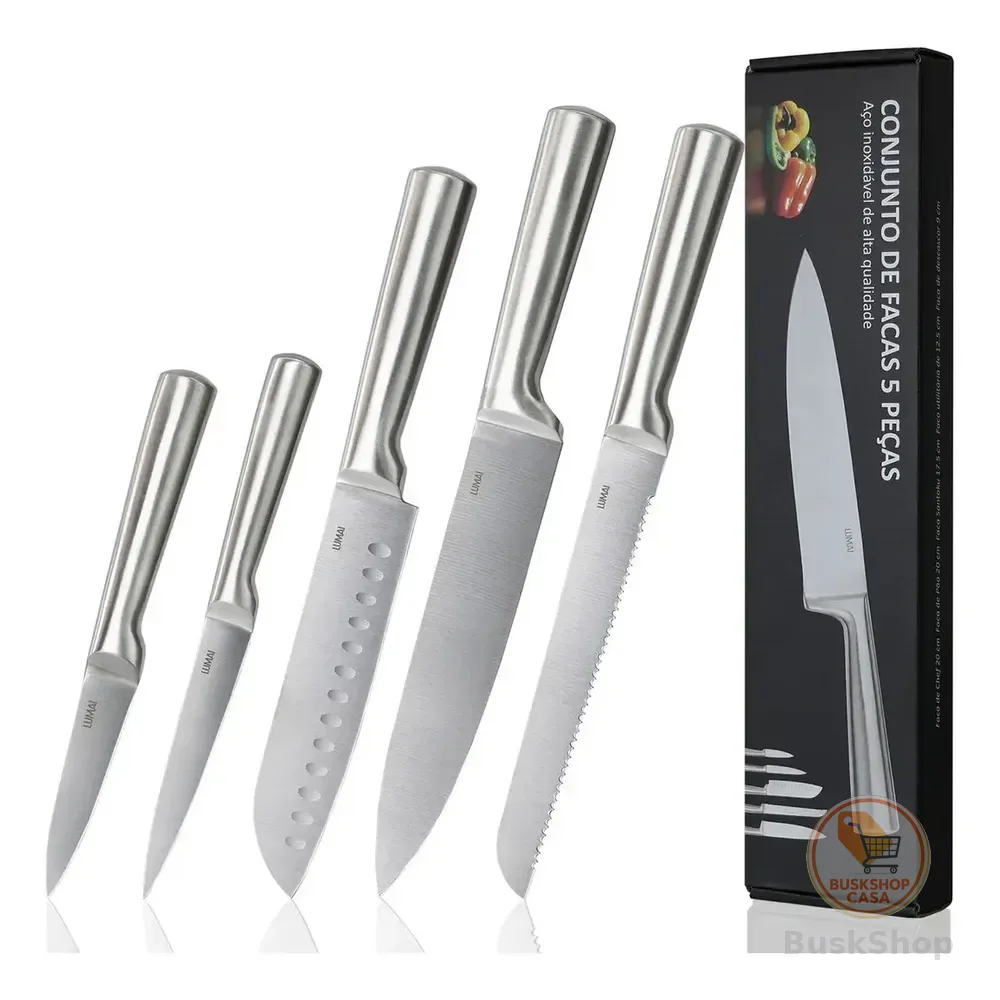 Lumai Conjunto De 5 Facas De Cozinha Original De Aço Inoxidável Legitimo - Faca Grande Zurich Robusta E Lâminas Inteiriças Com Fio Prolongado Prateado