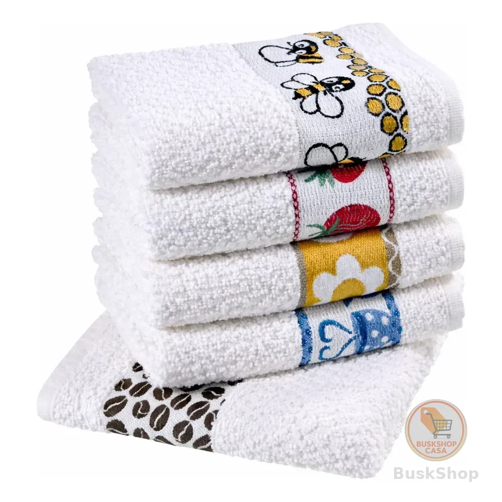 Pano De Prato Atoalhado Laun Gourmet Kit Com 5 Peças Branco Desenho Sortidos