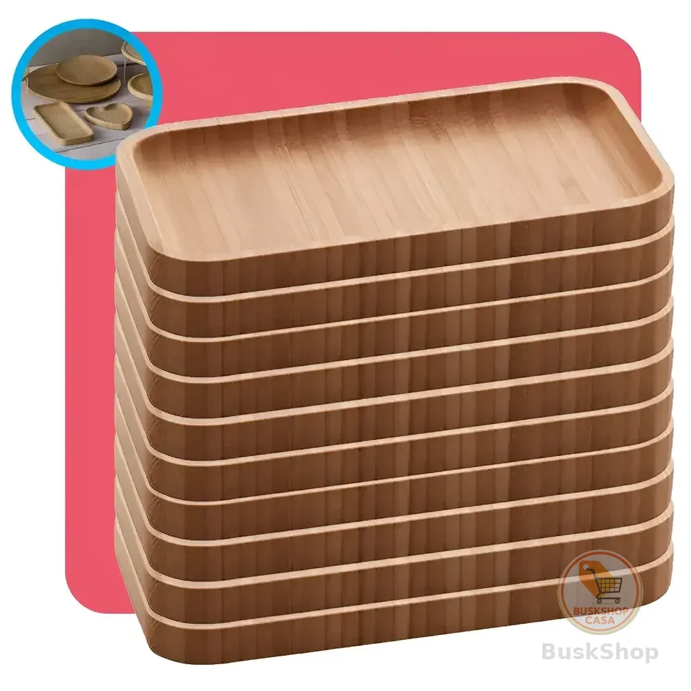 Kit 10 Bandeja Bambu Retangular Servir Petisqueira Pequena Marrom-claro