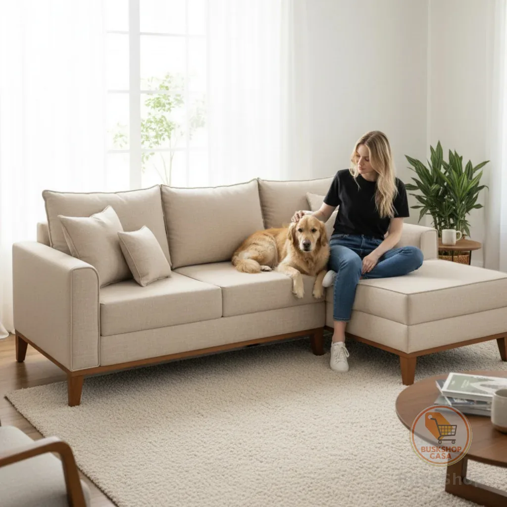 Sofá 3 Lugares Beny com Chaise Direito Linho Bege