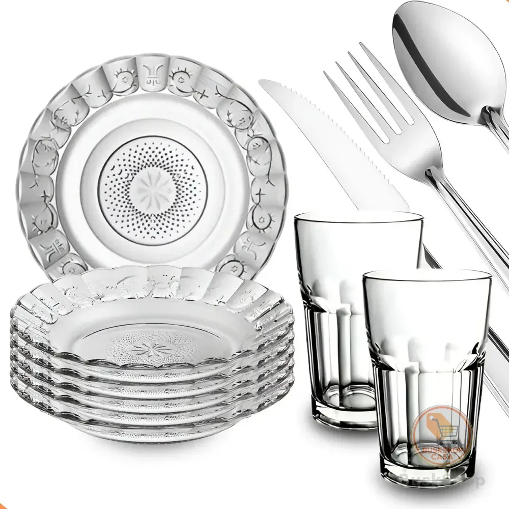 Aparelho De Jantar 30 Peças - Pratos + Copos + Talheres Inox