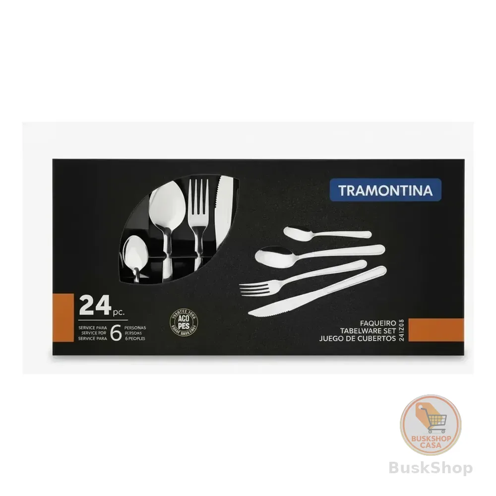 Faqueiro Tramontina 24 Peças Inox Jogo De Talheres Completo 6 Pessoas, Resistente, Não Enferruja, Fácil Limpeza, Kit Talheres Inox Premium Para Cozinha, Mesa Posta E Dia A Dia Cinza