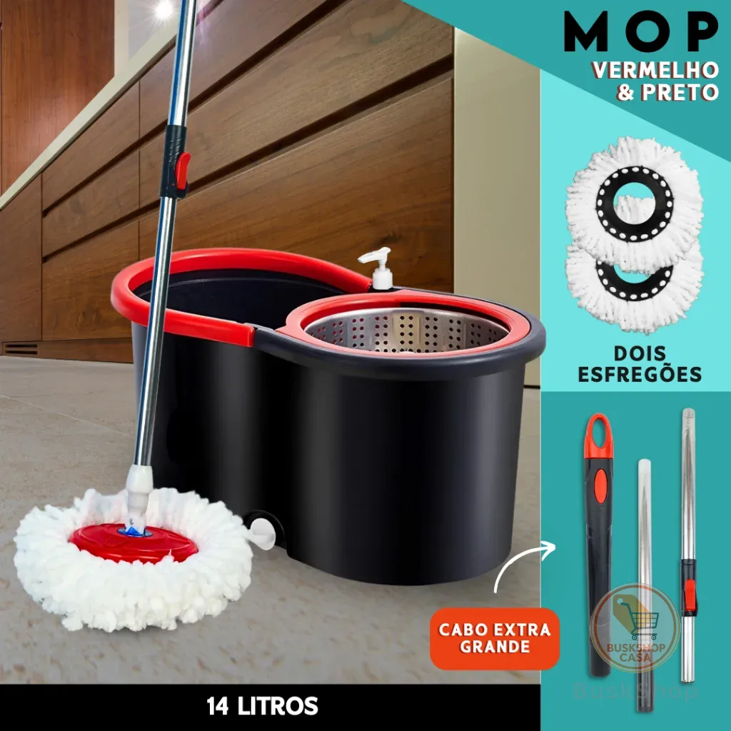 Mop Giratório C/ cabo de 140 cm + 2 Refis Balde Centrífuga Cesto Em Inox Com Rodinhas - SHEFA