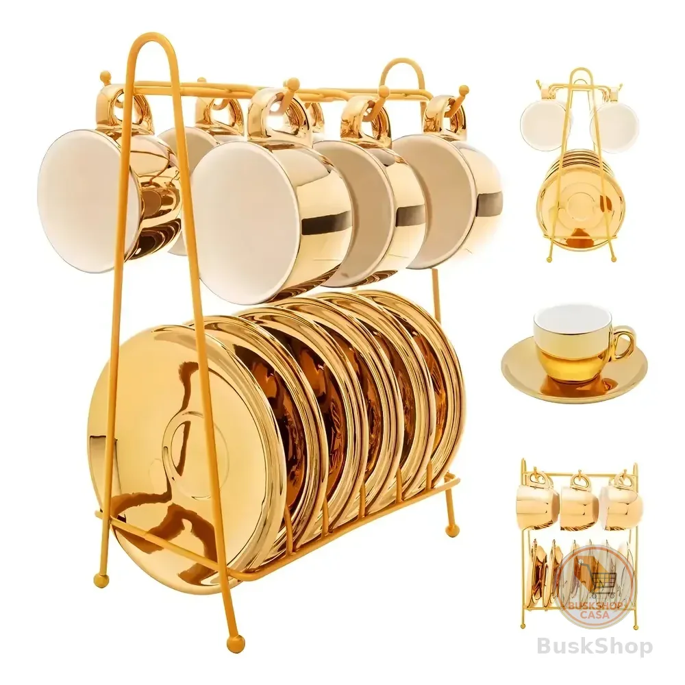 Conjunto De 6 Xícaras Com Pires Dourado Liso Porcelana Wolff