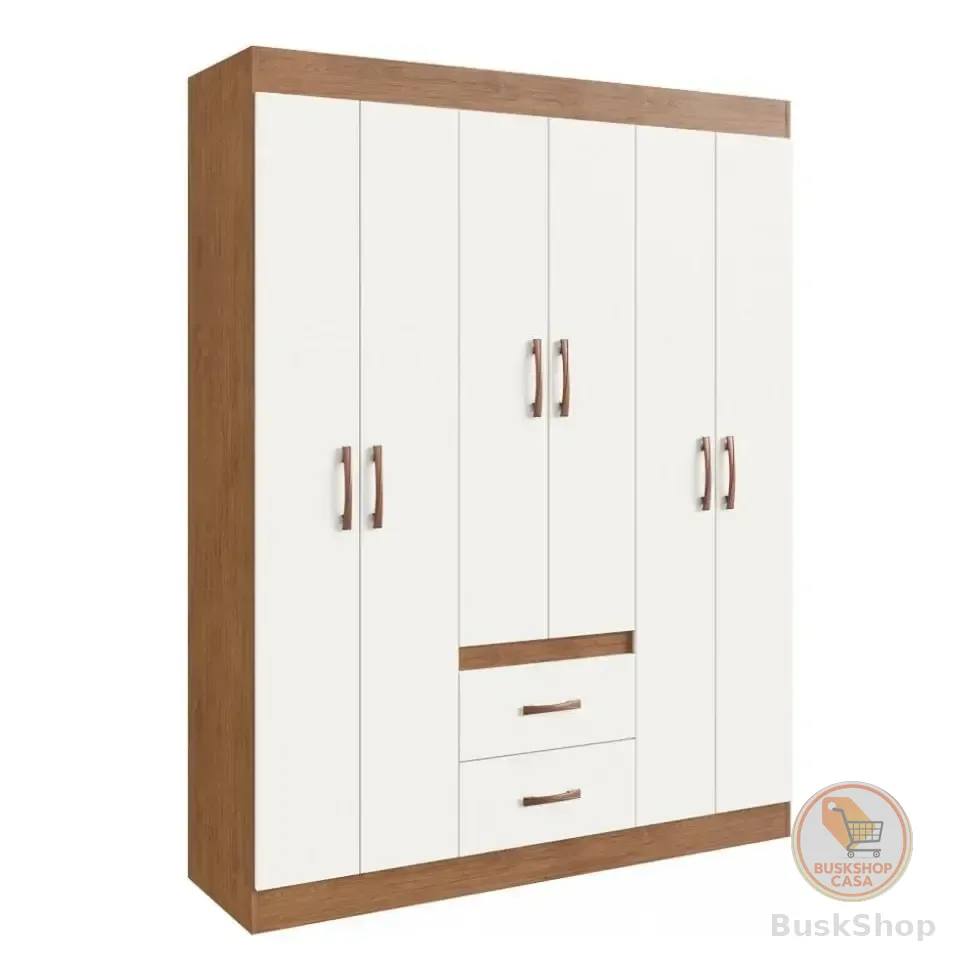 Guarda Roupa Solteiro 6 Portas 2 Gavetas Sidney Doripel Cor Off White/nogueira