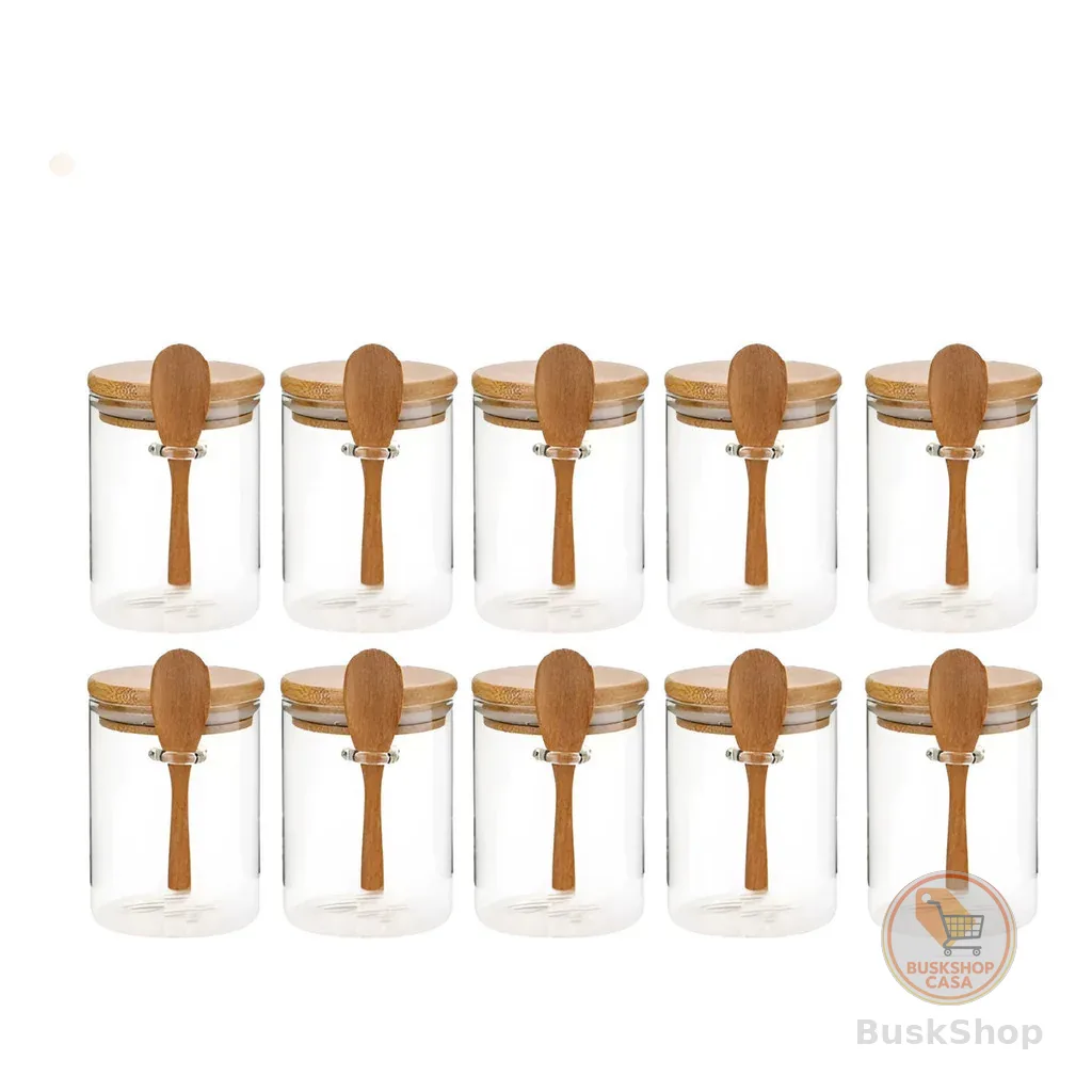 Kit Com 12 Potes Vidro Tampa Hermetica Bambu E Colher 250ml