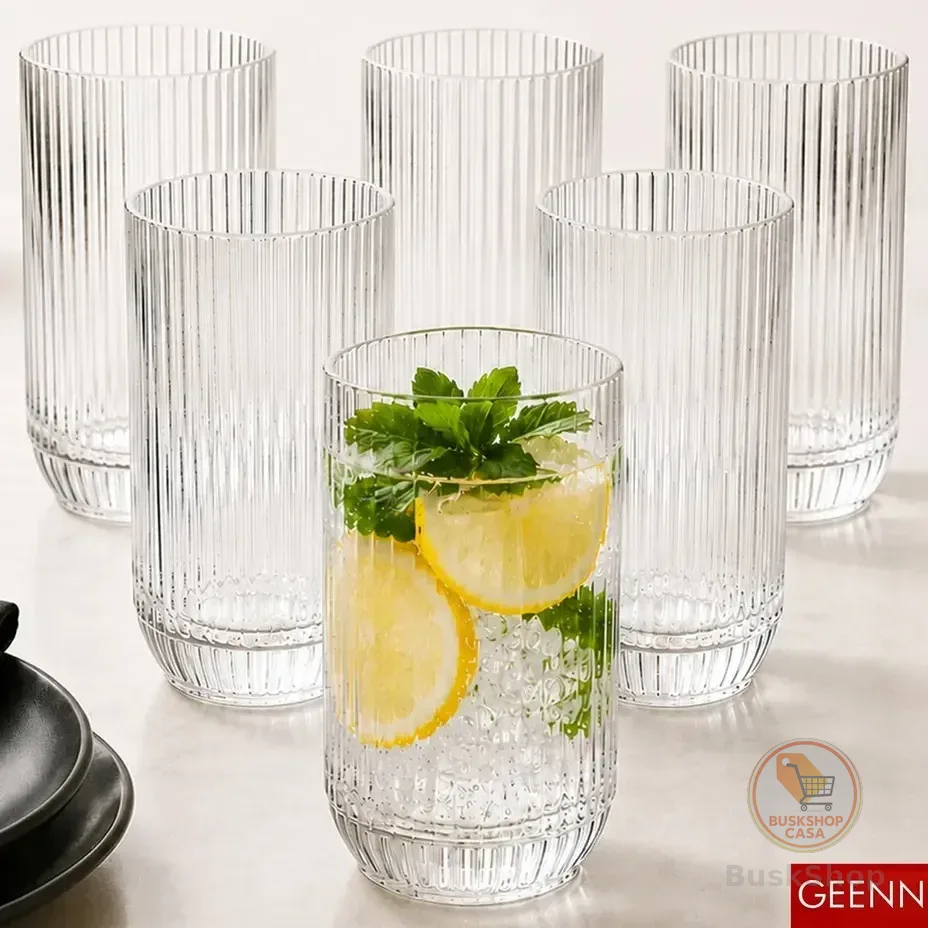 Jogo 6 Copos De Vidro Canelado 423ml Cameratta Água Suco Refrigerante Gourmet Premium Luxo Elegante Drink Café Whisky... Transparente