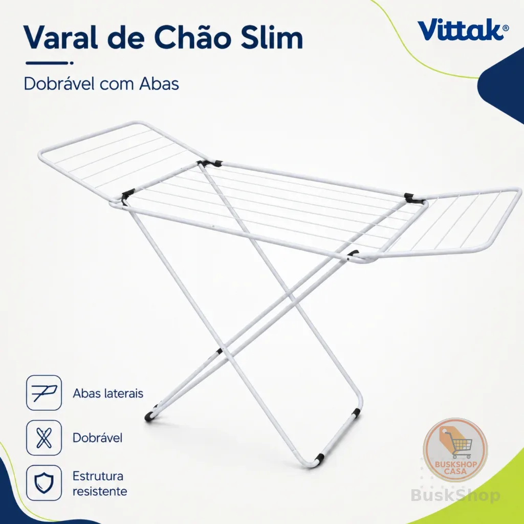 Vittak Varal De Chão Slim Reforçado Com Abas Dobráveis Branco – Portátil E Compacto