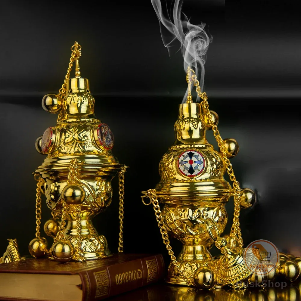 Incensário Ortodoxo Premium Dourado Polido Mais Vendido com Relevo Floral e Design de Sino Cruzado Esmaltado Redondo para Desfiles