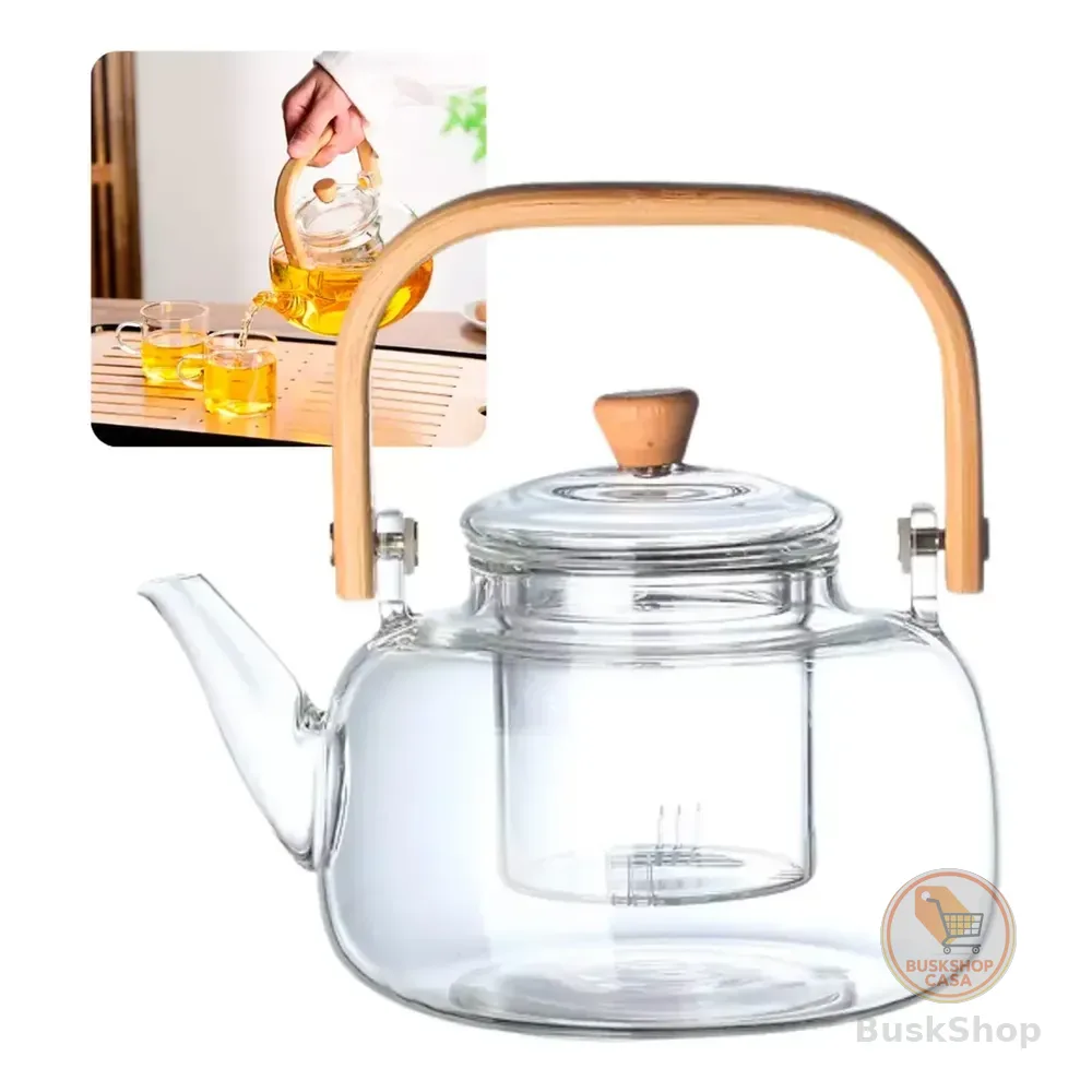 Bule  Chaleira De Vidro 1000ml Com Alça De Bambu