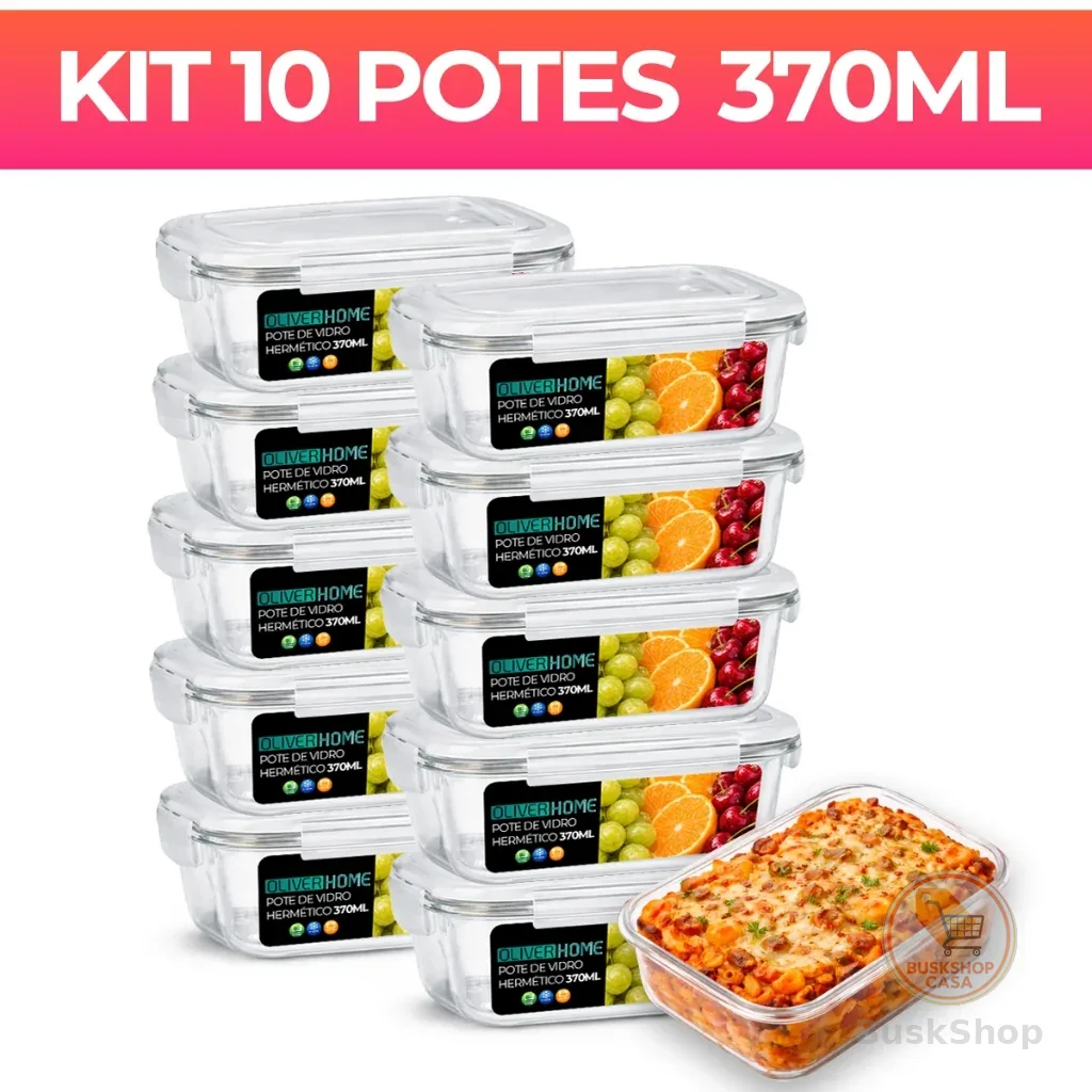 kit 10 ou 5 ou 3  Potes de Vidro 370ml Hermético Marmita Fit com Tampa 4 Travas OliverHome