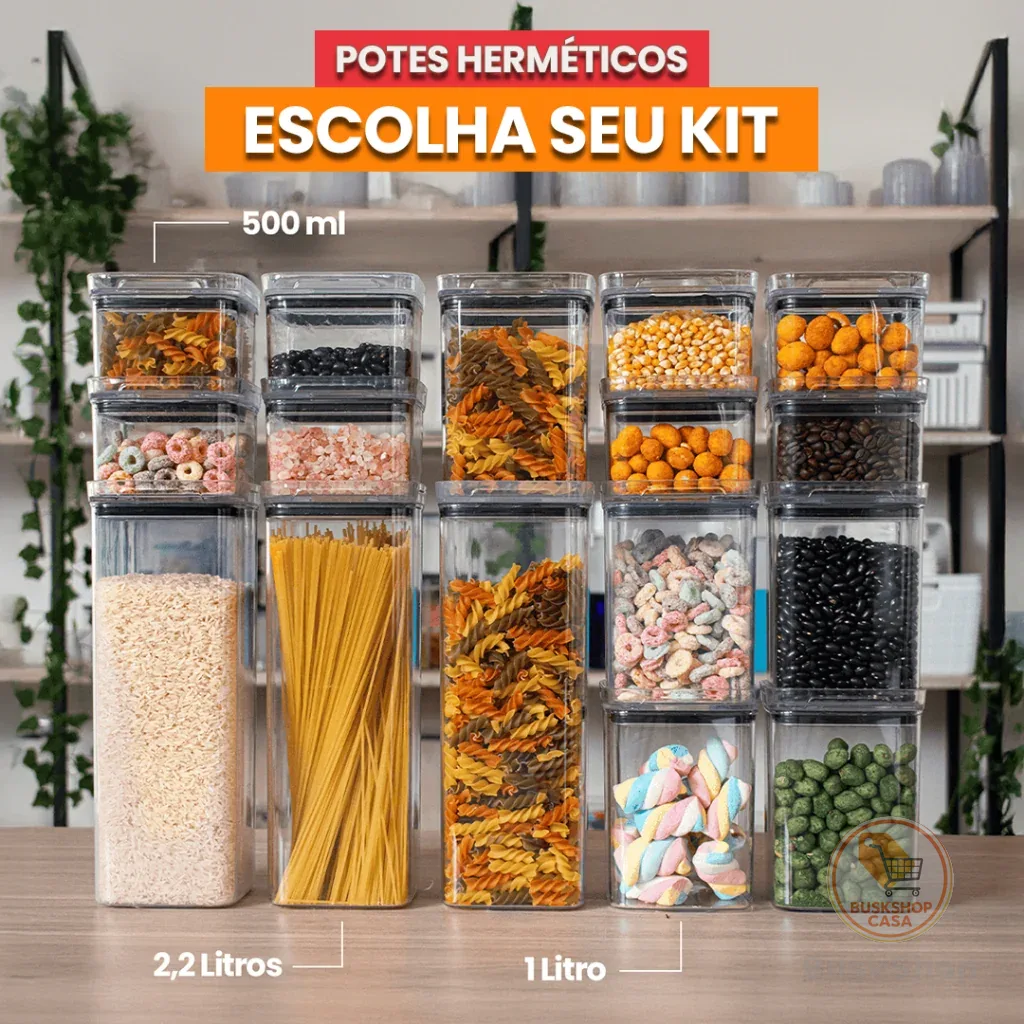 ￼Kit Potes Herméticos Porta Mantimentos Acrílico Empilháveis Quadrado Resistente Cozinha Dispensa
