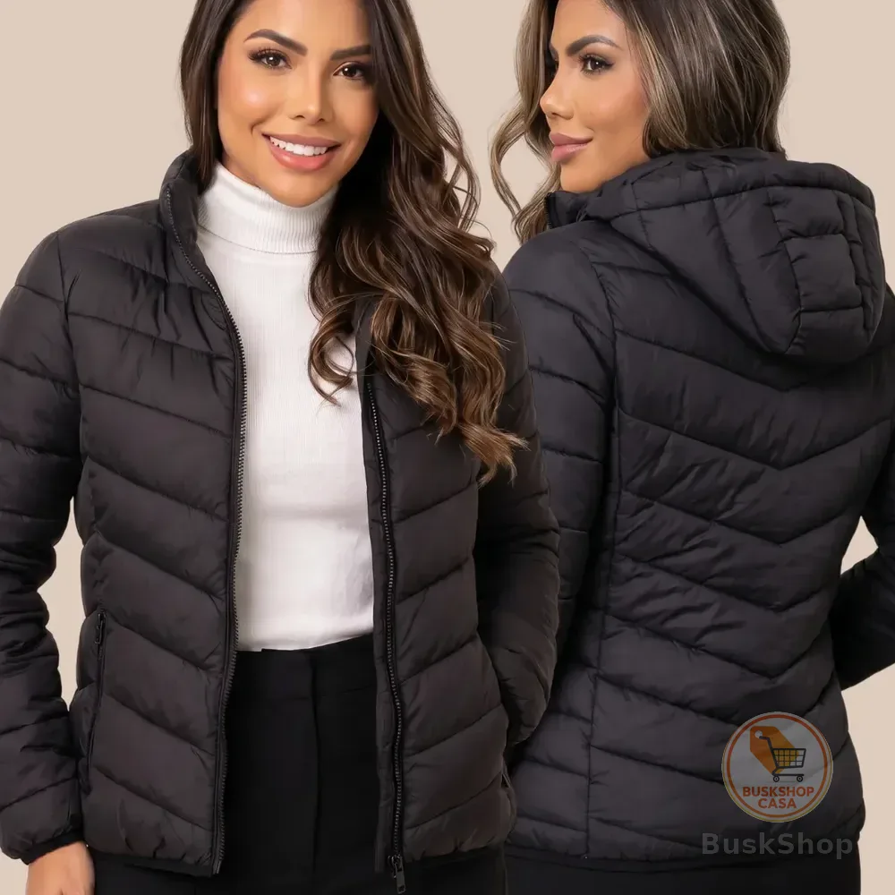 Jaqueta Feminina Puffer Impermeável Capuz Inverno Frio Preto G(40/42)