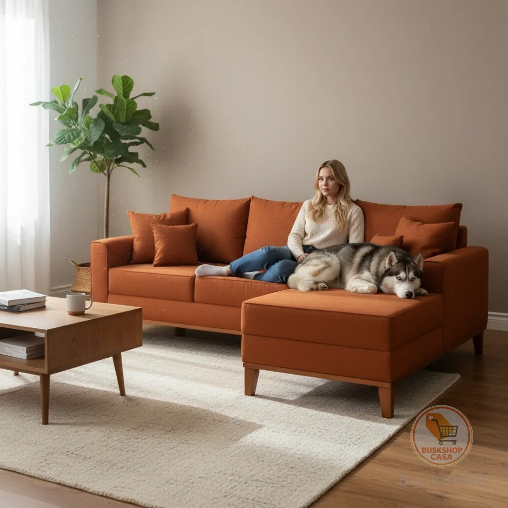 Sofá 3 Lugares Beny com Chaise Direito Suede Terracota
