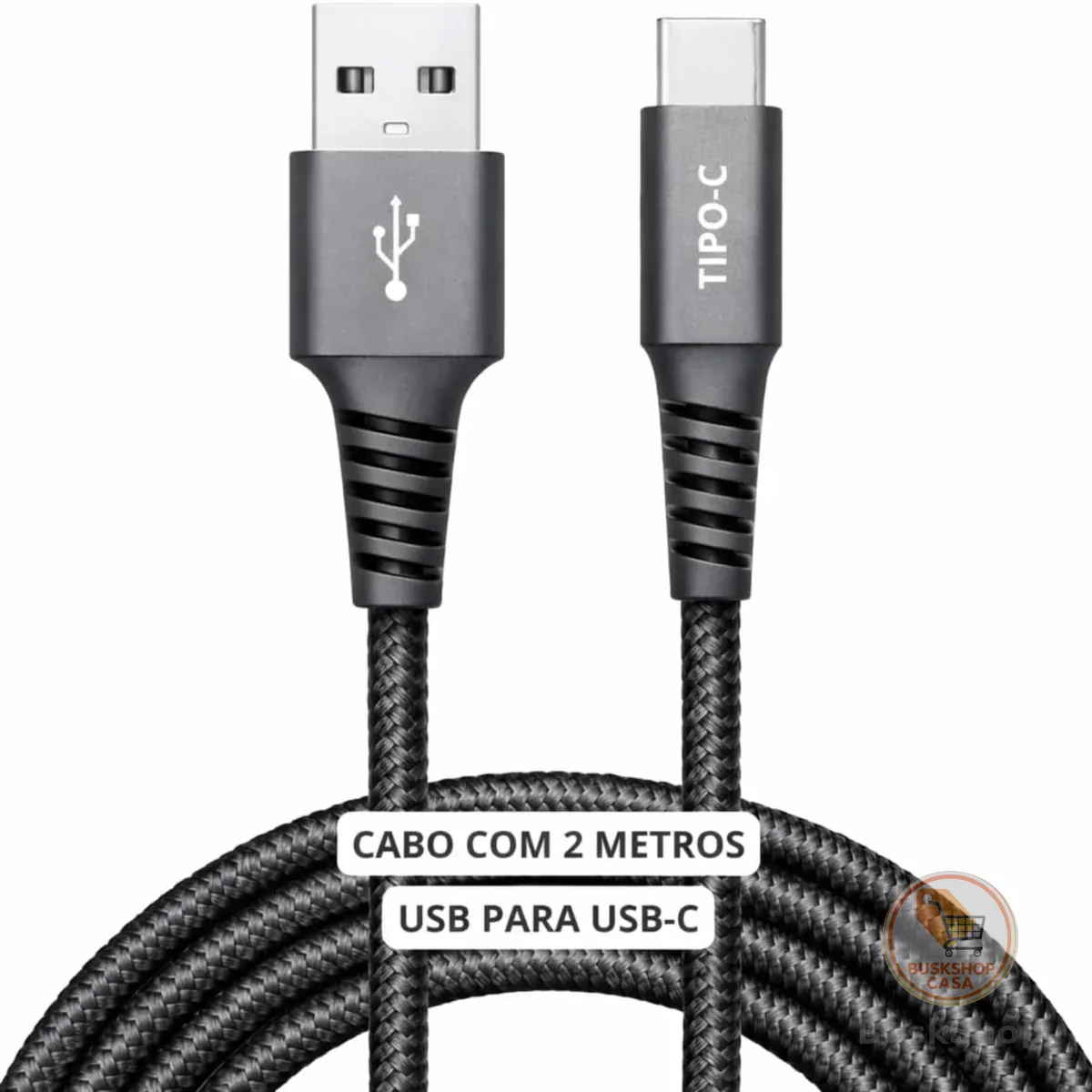 Cabo USB para USB-C 2 Metros 60W Turbo Carregamento Rápido — Nylon Trançado Reforçado Compatível iPhone 15/16 Samsung Galaxy Xiaomi MacBook Notebook Tablet — Preto