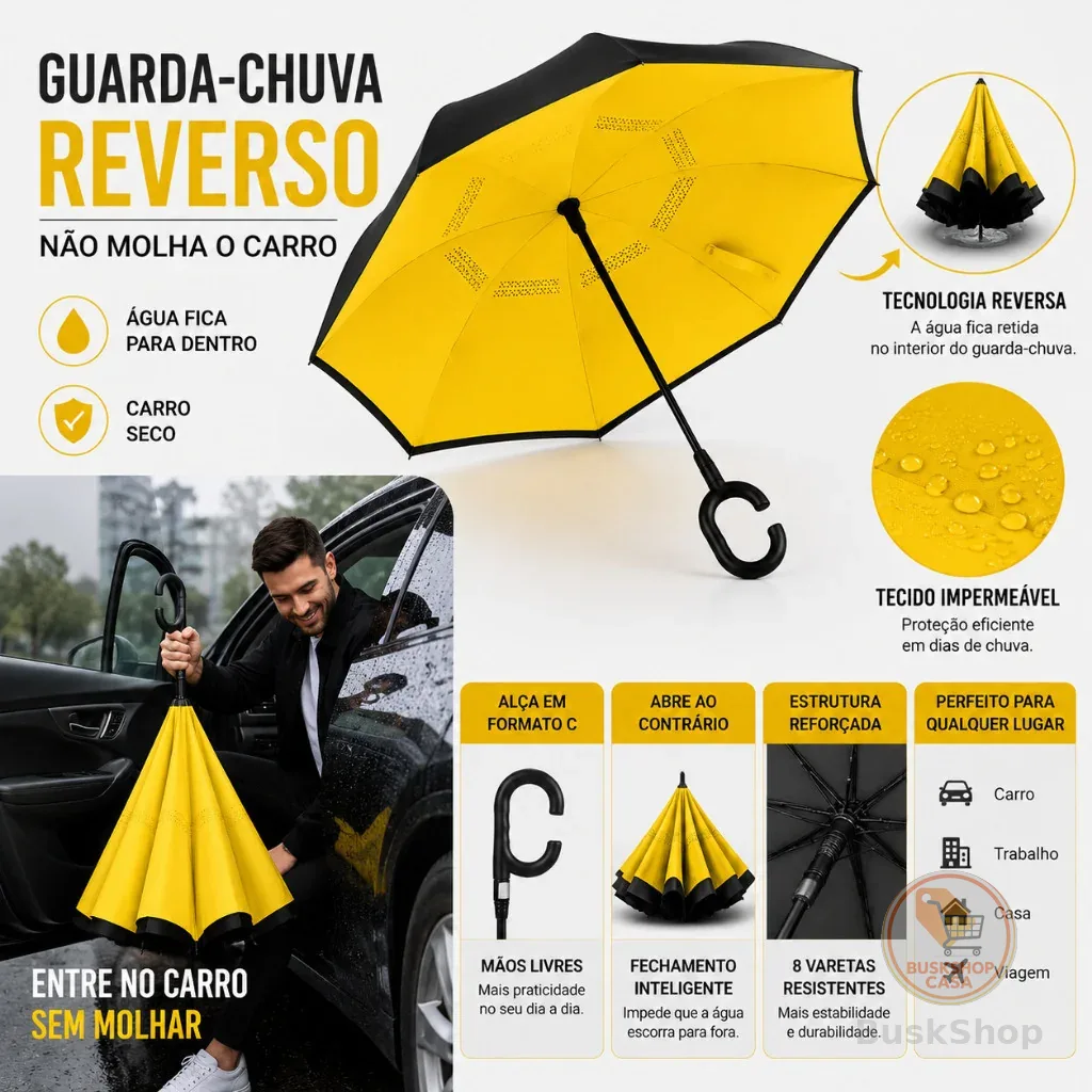 Guarda-Chuva Invertido Grande Resistente ao Vento Impermeável com Alça em C Reforçada