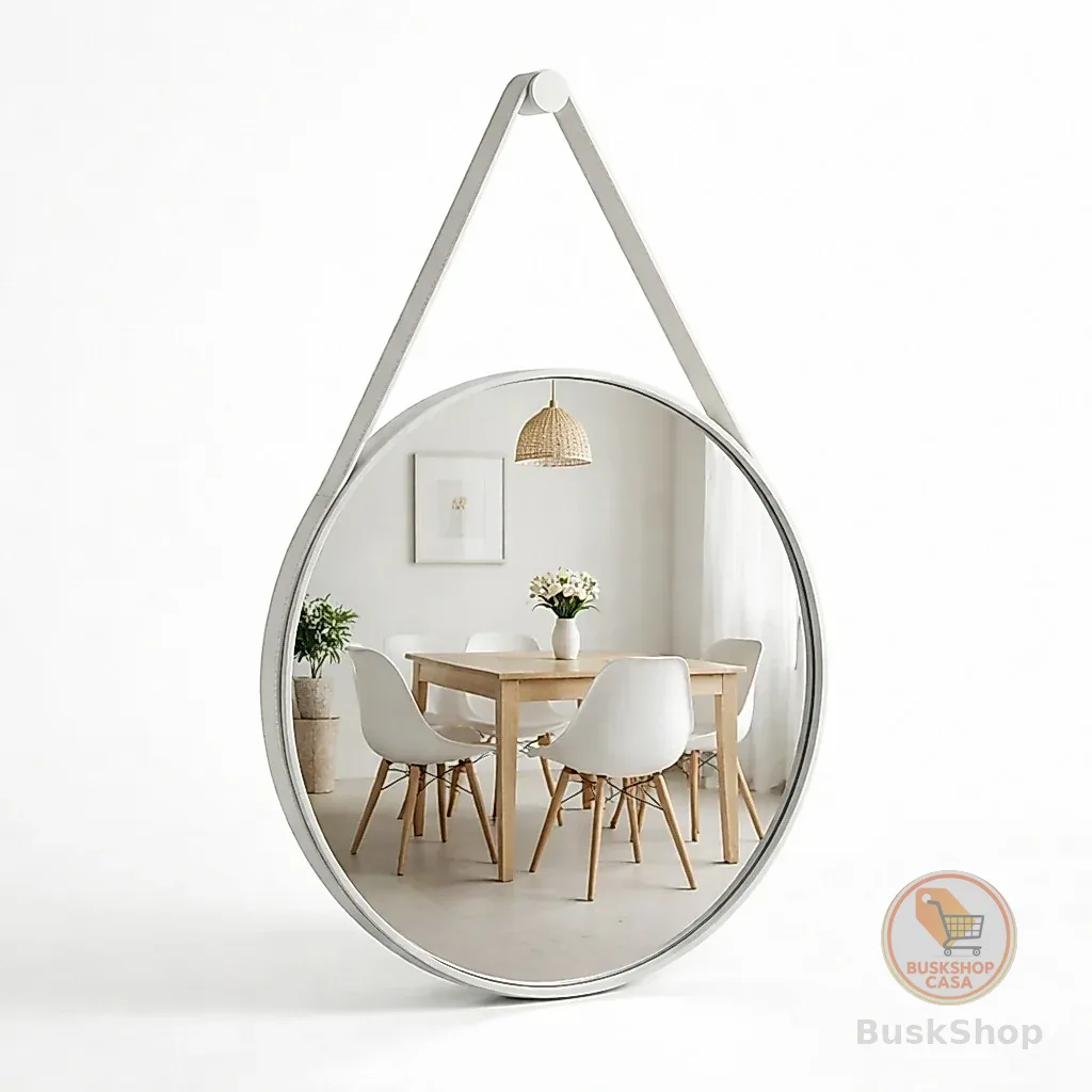 Espelho Redondo Decorativo Adnet Alça Couro Suporte 60cm Sala Quarto Banheiro
