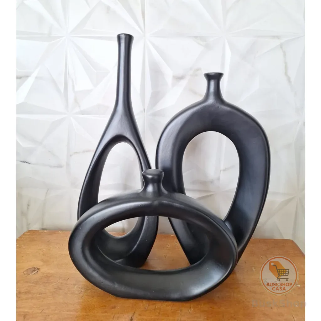 Kit Trio Vasos Estilizados Centro Mesa Decoração Sala Plantas e Flores Contem 3uni Preto Fosco