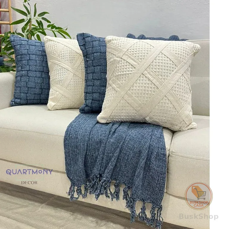 Kit Capa Almofada Fita Losango Azul Jeans Manta Grande Decorativa Sofa Cama Boho Rustica Moderno