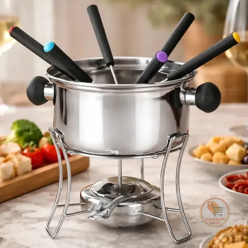 Aparelho Para Fondue Inox 10 Peças Inclui Fogareiro E Base 6 Garfos Prateado