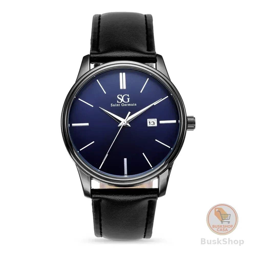 Relógio Masculino Preto Saint Germain Correia De Couro Preto Caixa Preta Fundo Azul Marinho 42mm Elegante Clássico