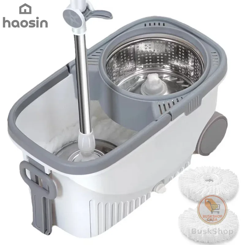 Aço Inoxidável Esfregão Mop Balde Giratório 360° com Rodas Centrífugo 2 Refis Cabo Rodo de Limpeza