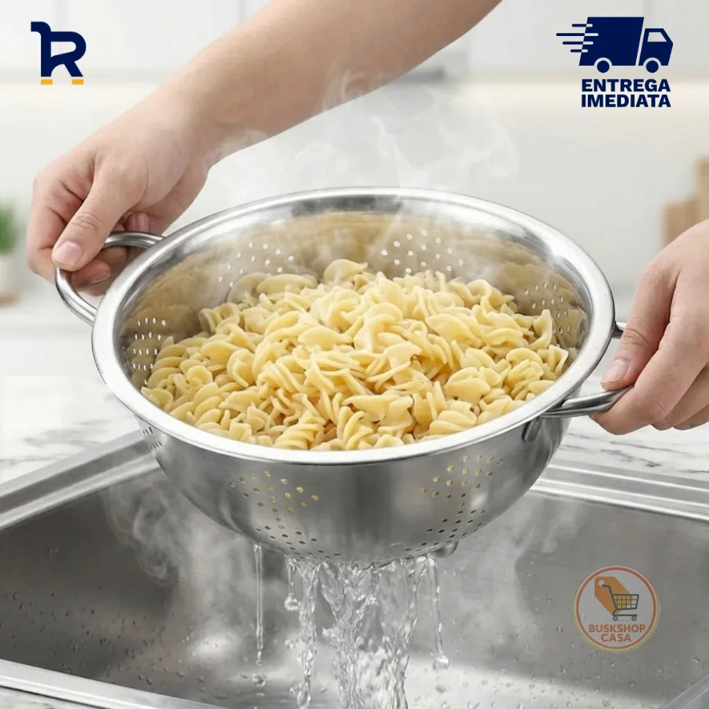 Escorredor de Macarrão Inox Grande Escorredor de Massa 24cm Inox Lava Macarrão e Arroz Multiuso