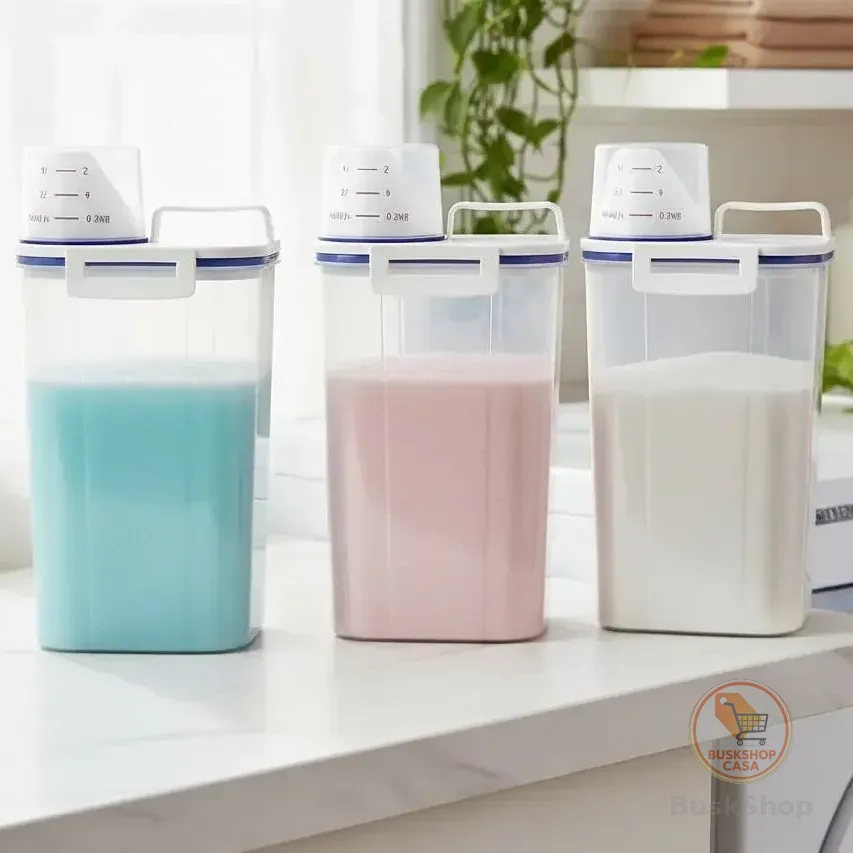 Kit 3 Potes Dispenser Hermético 2l Multiuso Lavanderia Porta Sabão Em Pó Com Copo Medidor Bico Dosador E Travas Branco