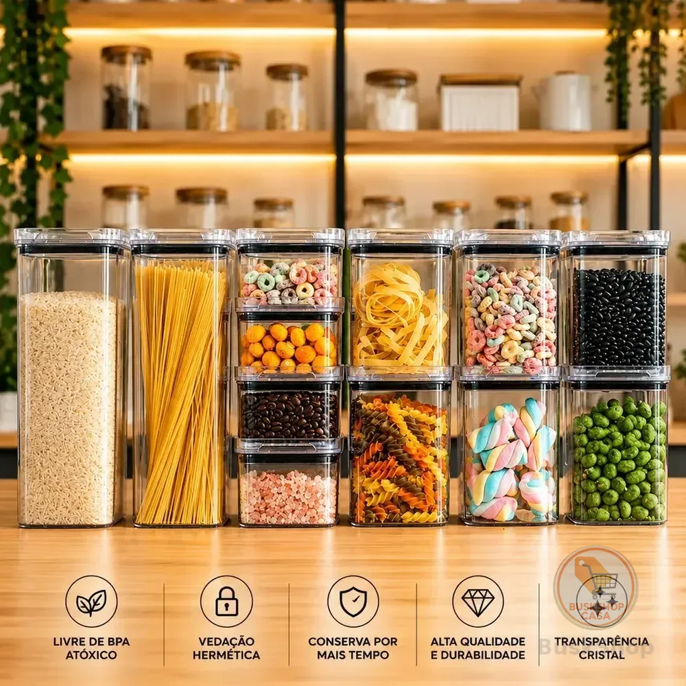 Kit Potes Porta Mantimento Hermético Quadrado Cozinha 12 Uni