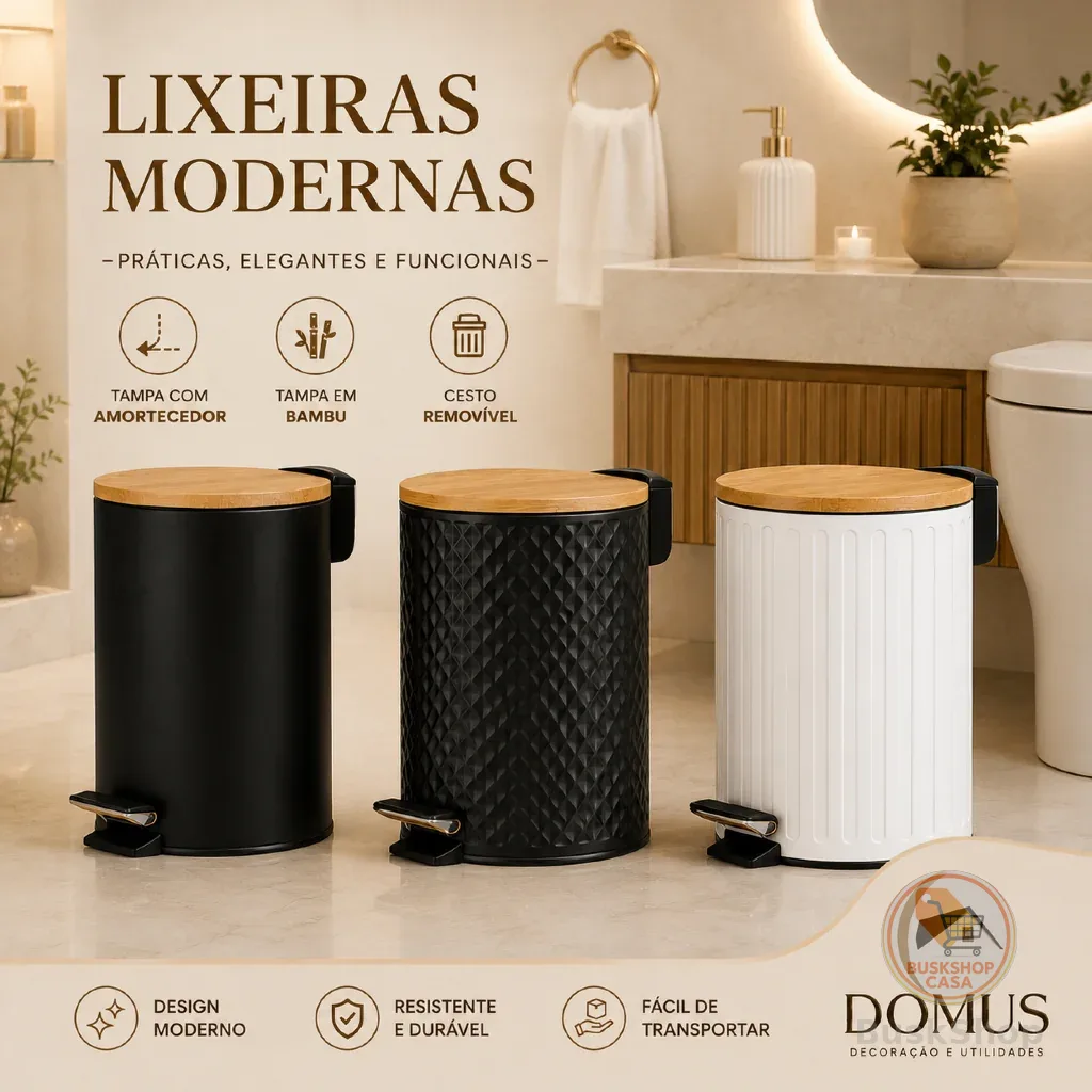 Lixeira Premium 5 Litros Com Tampa Bambu e Pedal Para Casa Banheiro Cozinha em Metal Decorativa