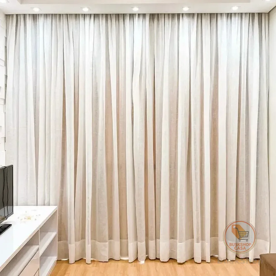 Cortina De Linho Palha Off White 4,00x2,80 Trilho Suiço Maxi Palha Off White Bege