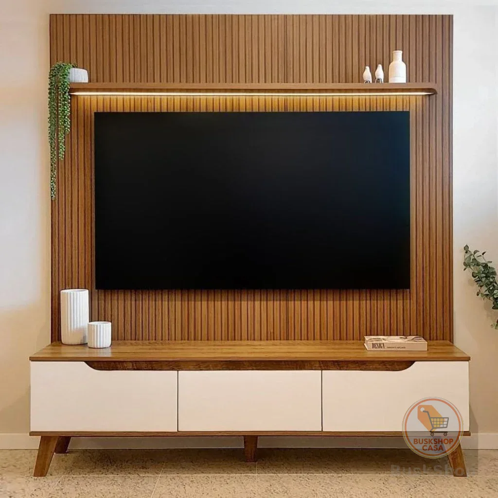 Rack com Painel Ripado para TV até 75 Polegadas com LED MDF 185,5CMX183CM Impressão Ripada 3D Liverp Pinho/Off White