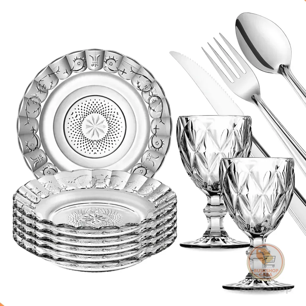Aparelho De Jantar 30 Peças - Pratos + Taças + Talheres Inox Transparente Egípcio E Diamante