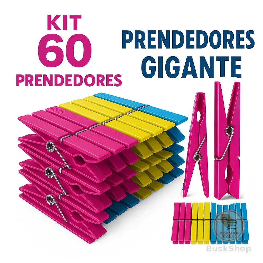 Kit com 60 / 48 / 36 / 24 / 12 Prendedores Pregadores de Roupa em Plástico Reforçado - Cores Sortida