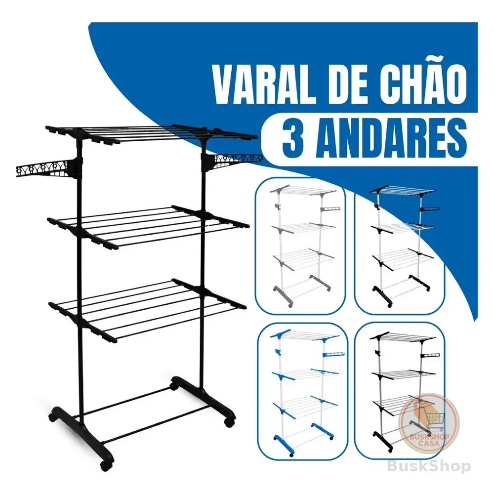 Varal De Chão Epsilon 3 Andares Dobrável Com Rodas Preto/preto