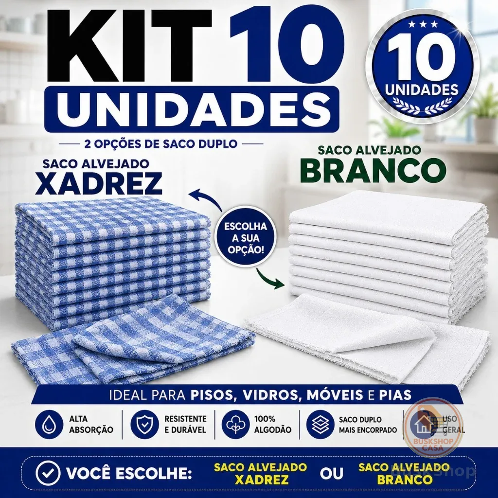 Kit c/ 10 Panos de Chão Grande 70x40cm - Saco Duplo Xadrez Azul Alvejado ou Branco Alvejado - Neves