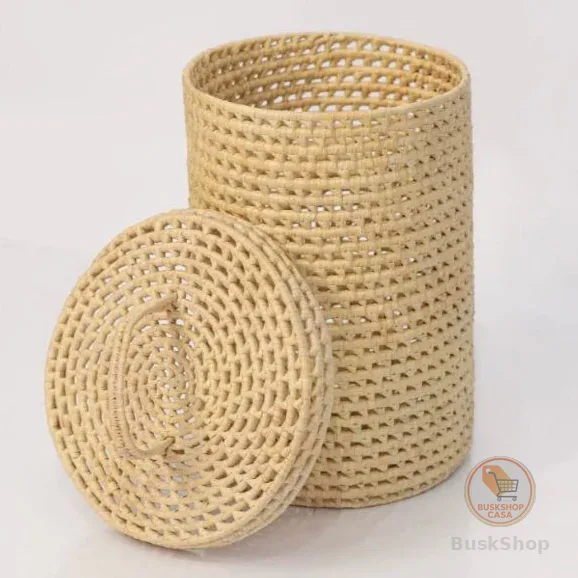 Lixeira Em Palha Natural Com Tampa Rústica Cesto De Banheiro 30x20