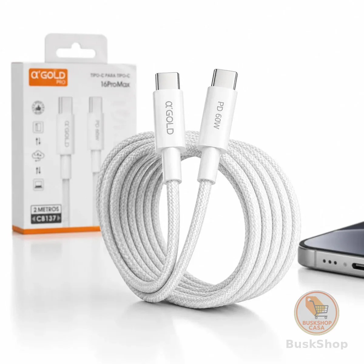 Cabo Tipo-C para Tipo-C 2 Metros 60W Turbo PD Nylon Trançado Reforçado, Carregamento Rápido e Transferência de Dados, Compatível com iPhone 15/16, Samsung, Xiaomi, Motorola, iPad, Notebook e Android