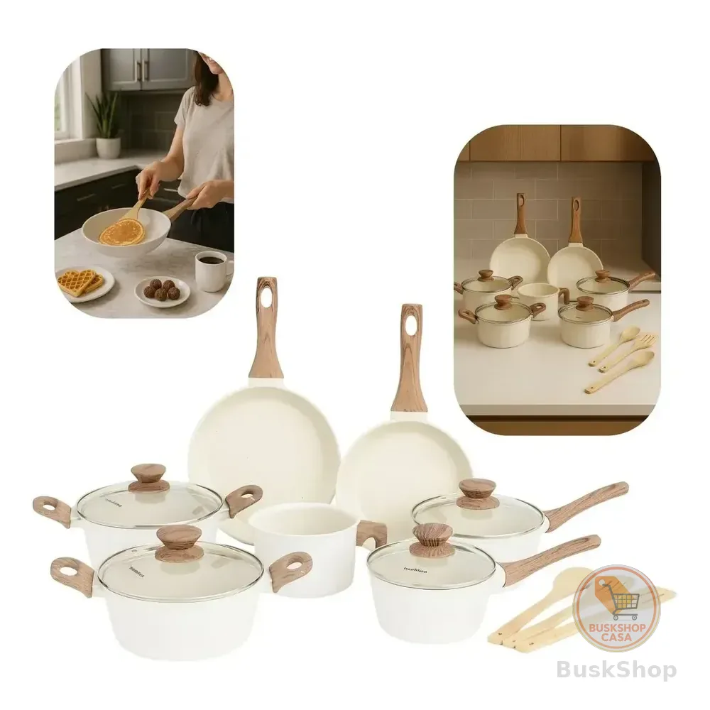 Jogo De Panelas De Cozinha Mimo Style Cook Fundo De Tripla Indução Com 10 Peças De Alumínio, Cerâmica, Madeira Marmol Vanila